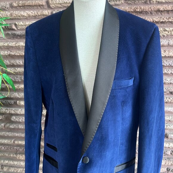 Tazio Italy Blue Textured Velvet Black Shawl Collar Formal Blazer Size 46L - Picture 10 of 11